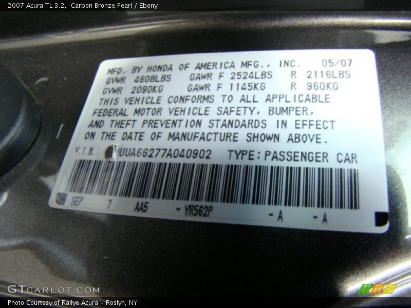 Carbon Bronze Pearl / Ebony 2007 Acura TL 3.2