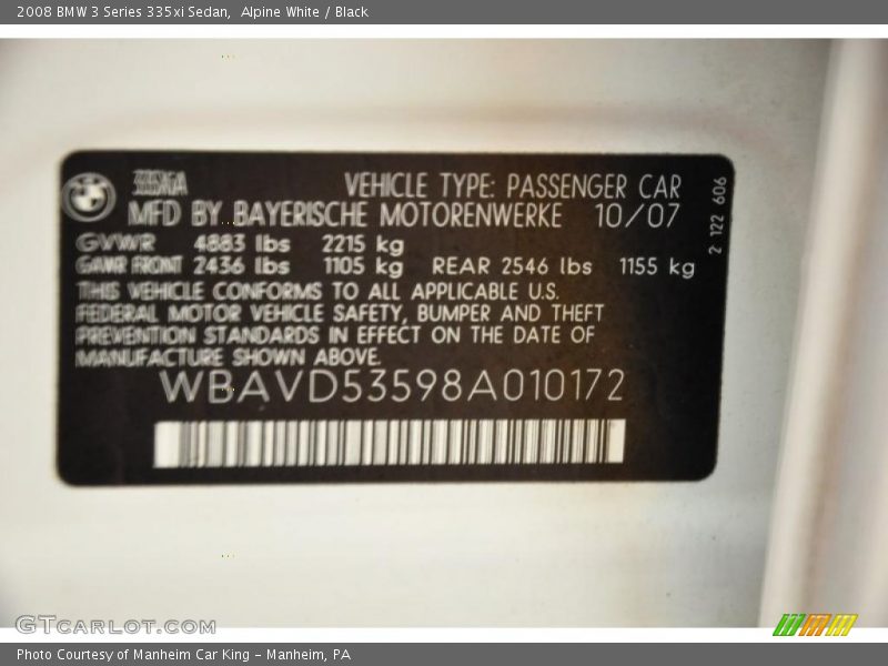 Alpine White / Black 2008 BMW 3 Series 335xi Sedan