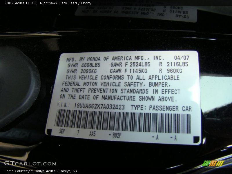Nighthawk Black Pearl / Ebony 2007 Acura TL 3.2