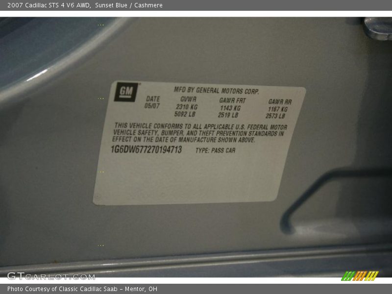Sunset Blue / Cashmere 2007 Cadillac STS 4 V6 AWD