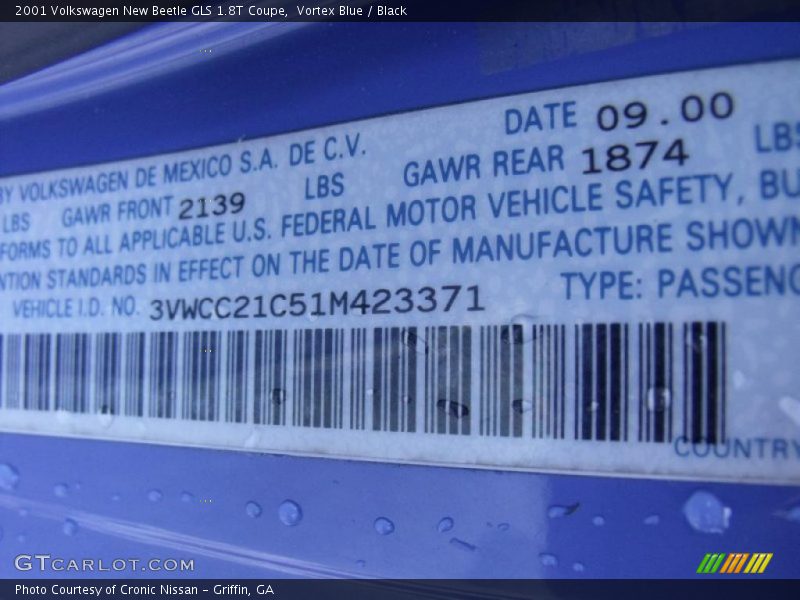 Vortex Blue / Black 2001 Volkswagen New Beetle GLS 1.8T Coupe