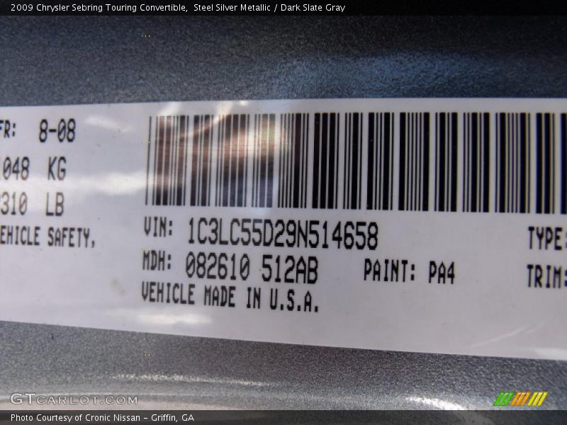 Steel Silver Metallic / Dark Slate Gray 2009 Chrysler Sebring Touring Convertible
