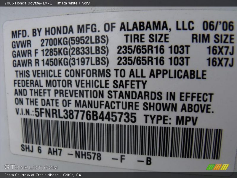 Taffeta White / Ivory 2006 Honda Odyssey EX-L