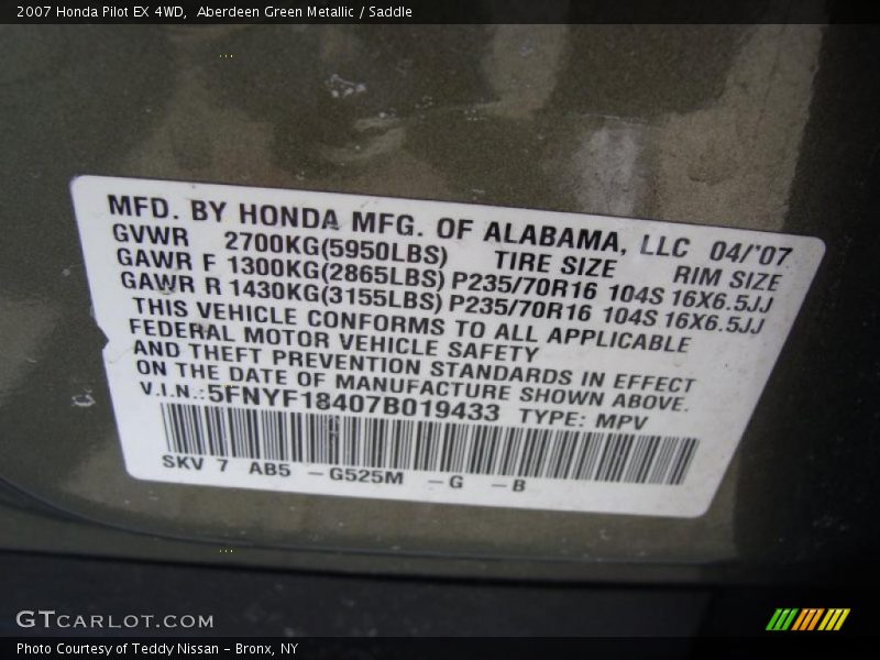Aberdeen Green Metallic / Saddle 2007 Honda Pilot EX 4WD