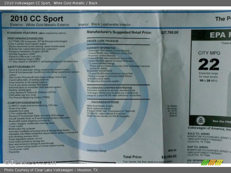 White Gold Metallic / Black 2010 Volkswagen CC Sport