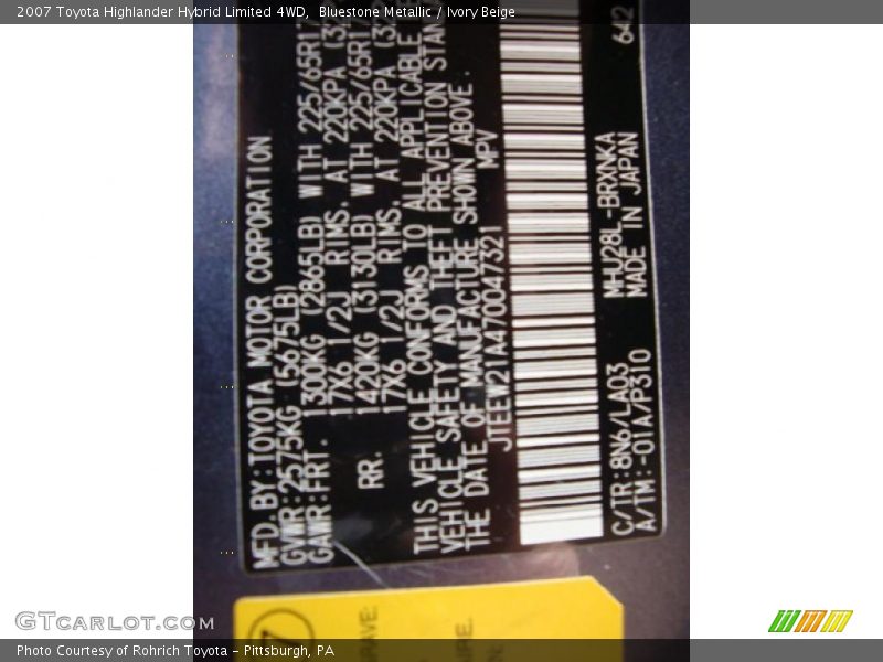 Bluestone Metallic / Ivory Beige 2007 Toyota Highlander Hybrid Limited 4WD
