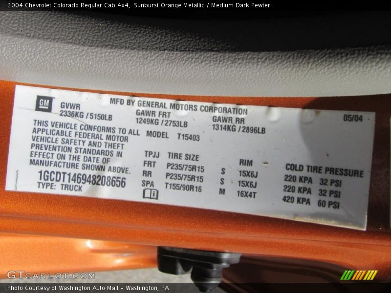 Sunburst Orange Metallic / Medium Dark Pewter 2004 Chevrolet Colorado Regular Cab 4x4
