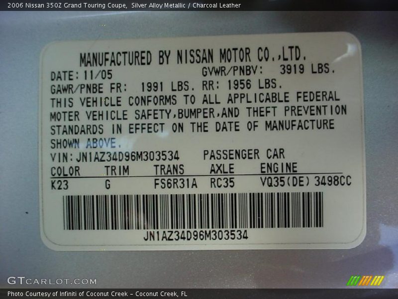 Silver Alloy Metallic / Charcoal Leather 2006 Nissan 350Z Grand Touring Coupe
