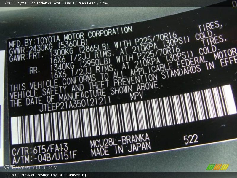 Oasis Green Pearl / Gray 2005 Toyota Highlander V6 4WD
