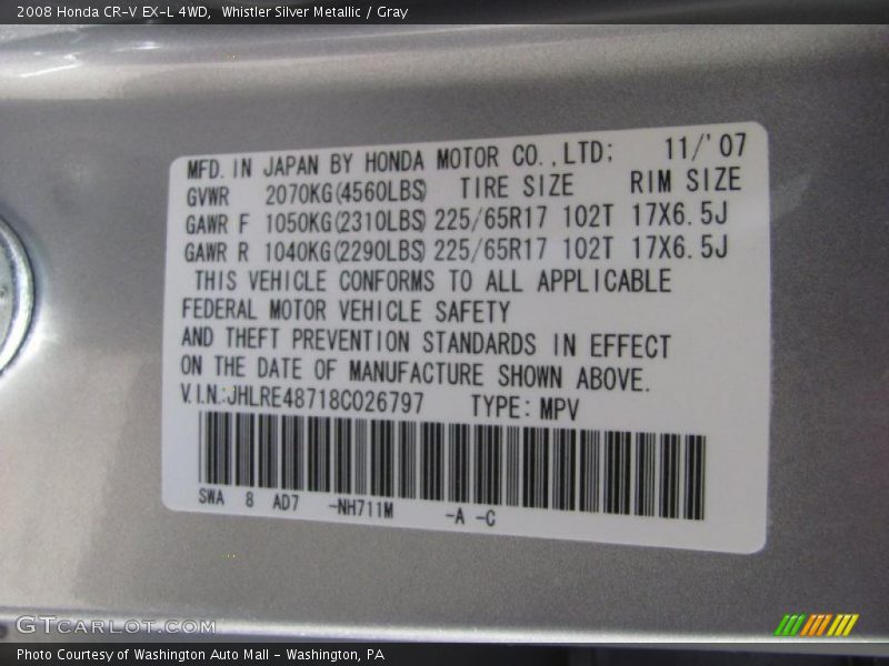 Whistler Silver Metallic / Gray 2008 Honda CR-V EX-L 4WD