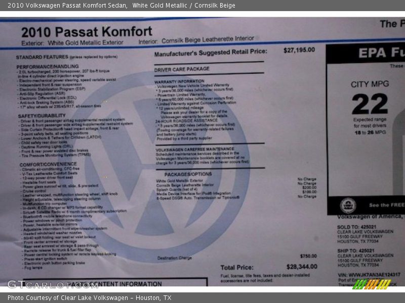 White Gold Metallic / Cornsilk Beige 2010 Volkswagen Passat Komfort Sedan