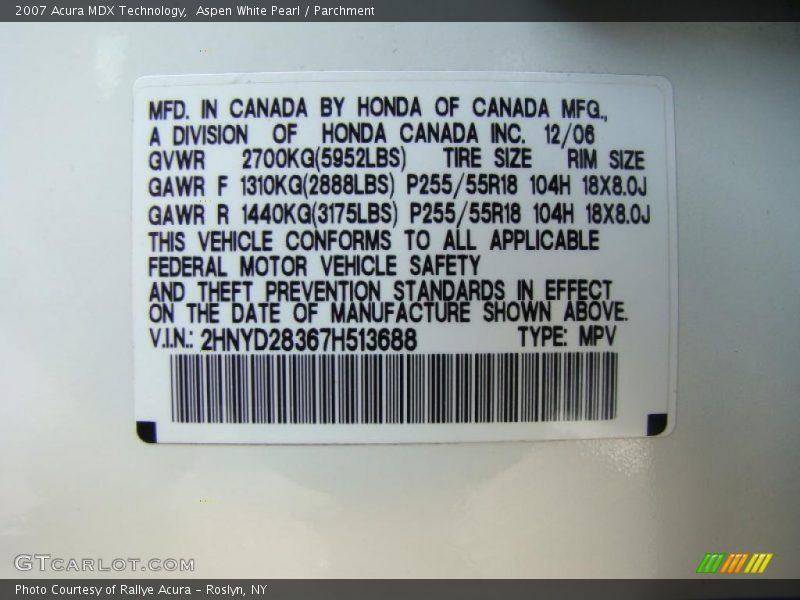 Aspen White Pearl / Parchment 2007 Acura MDX Technology