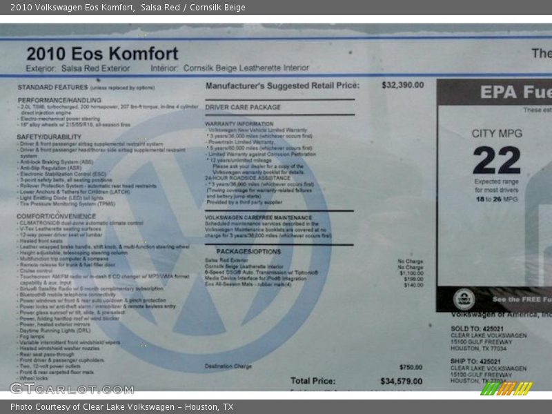 Salsa Red / Cornsilk Beige 2010 Volkswagen Eos Komfort
