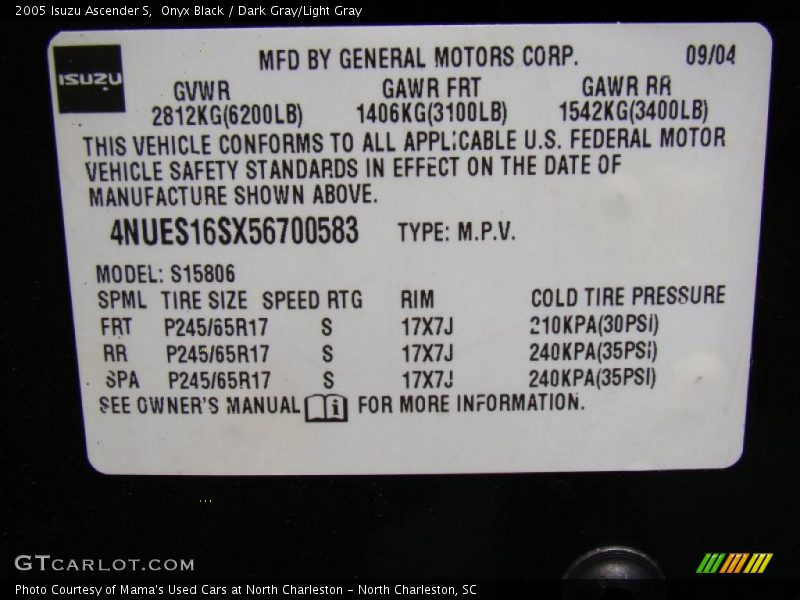 Onyx Black / Dark Gray/Light Gray 2005 Isuzu Ascender S