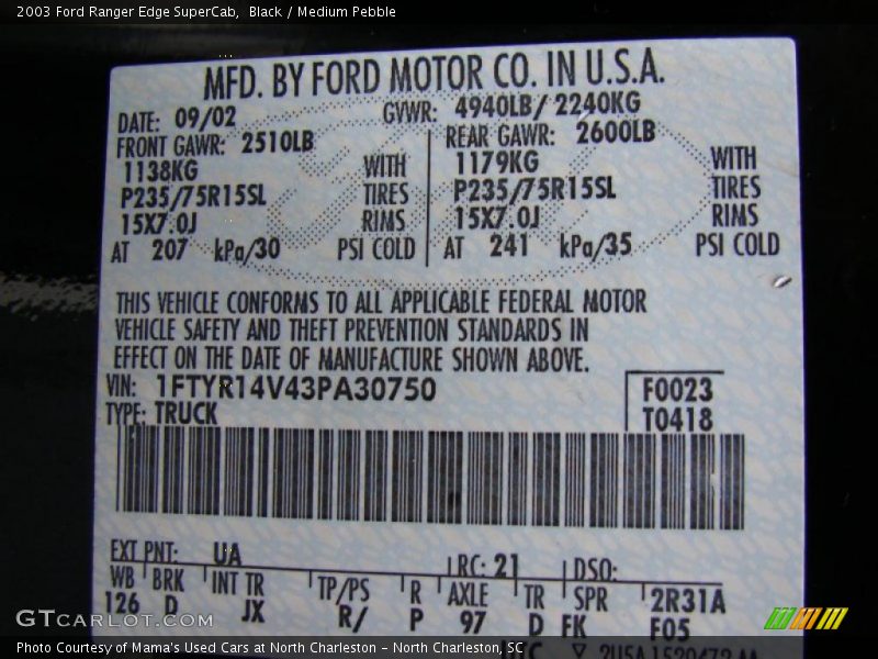 Black / Medium Pebble 2003 Ford Ranger Edge SuperCab