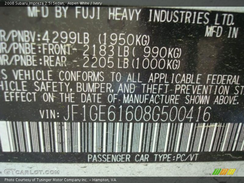 Aspen White / Ivory 2008 Subaru Impreza 2.5i Sedan