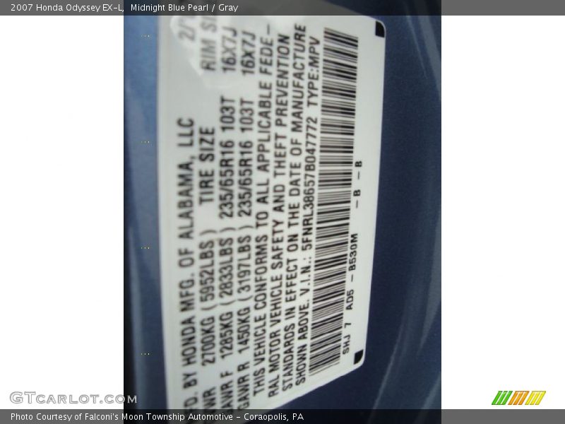 Midnight Blue Pearl / Gray 2007 Honda Odyssey EX-L