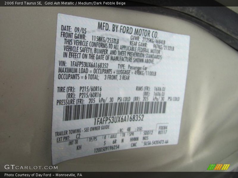 Gold Ash Metallic / Medium/Dark Pebble Beige 2006 Ford Taurus SE