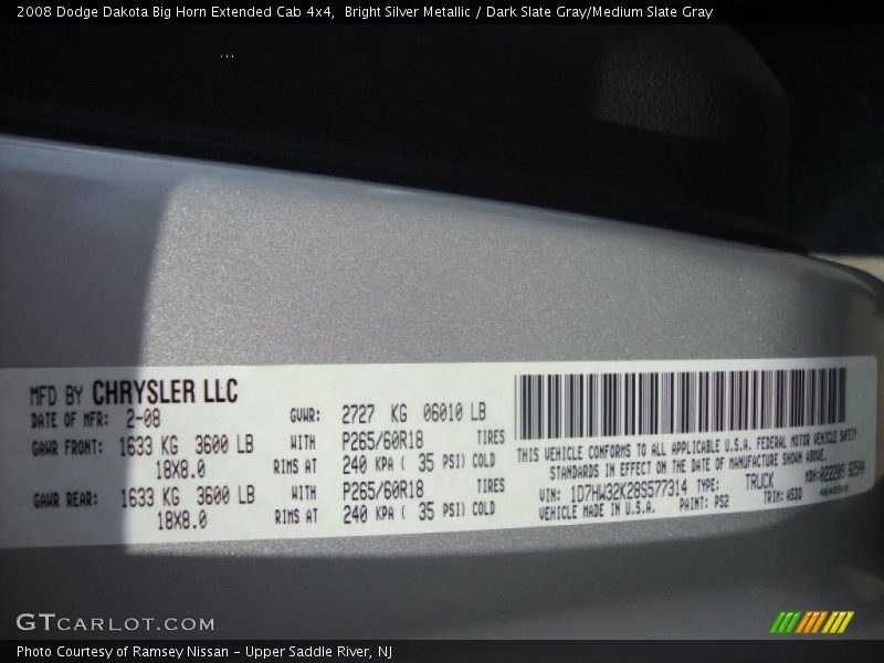 Bright Silver Metallic / Dark Slate Gray/Medium Slate Gray 2008 Dodge Dakota Big Horn Extended Cab 4x4