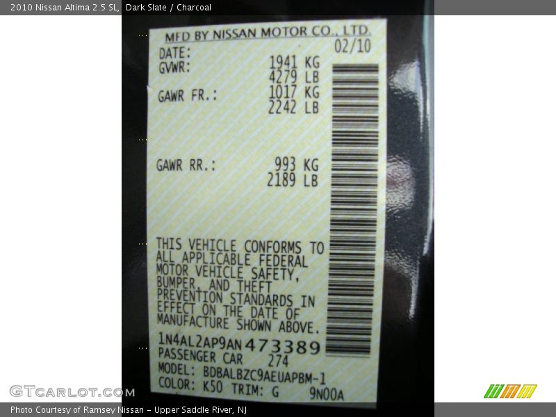 Dark Slate / Charcoal 2010 Nissan Altima 2.5 SL