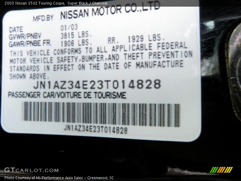 Super Black / Charcoal 2003 Nissan 350Z Touring Coupe