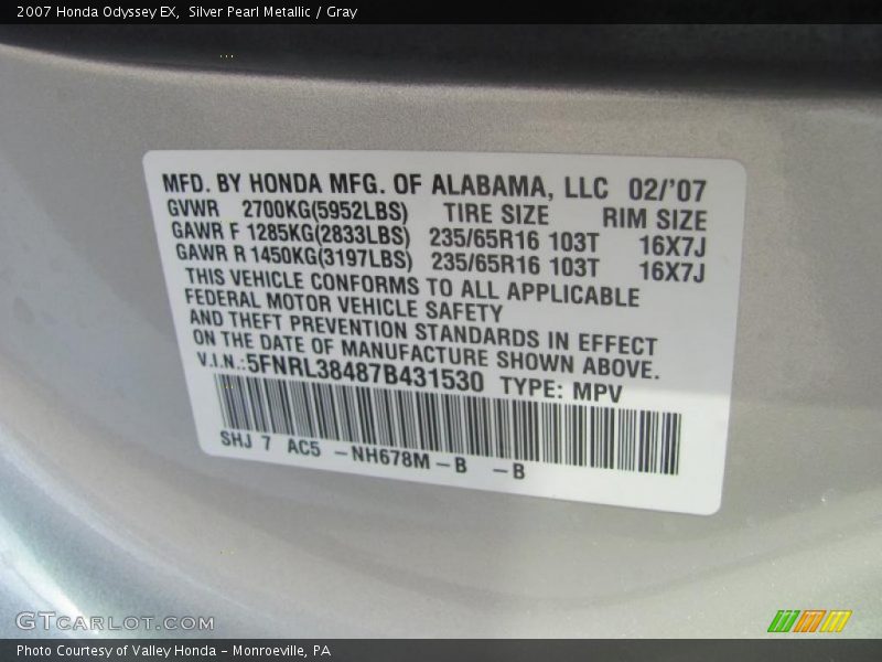 Silver Pearl Metallic / Gray 2007 Honda Odyssey EX