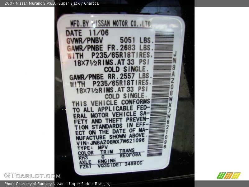 Super Black / Charcoal 2007 Nissan Murano S AWD