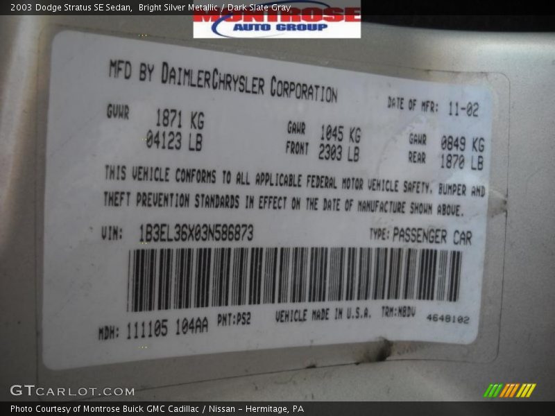 Bright Silver Metallic / Dark Slate Gray 2003 Dodge Stratus SE Sedan