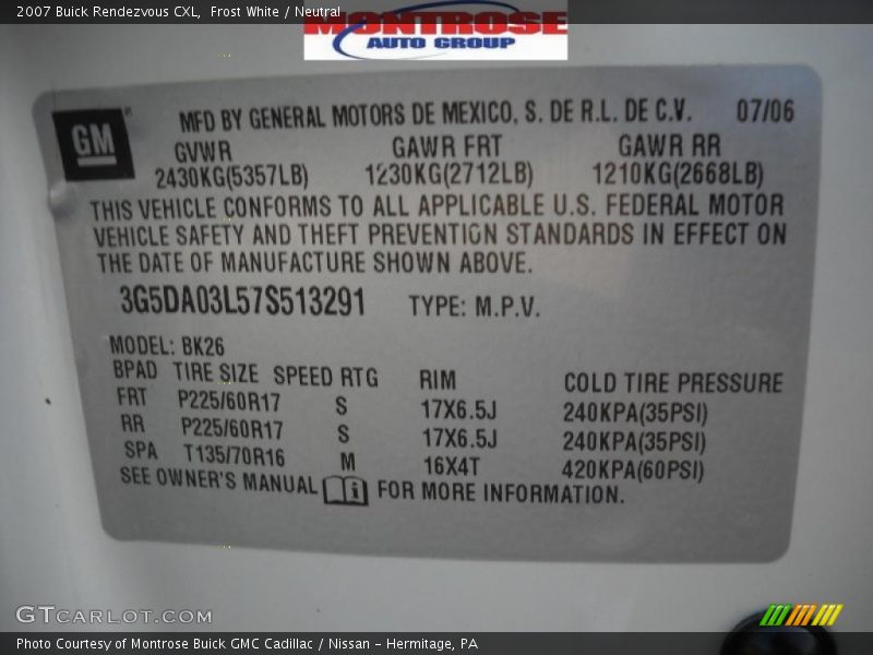 Frost White / Neutral 2007 Buick Rendezvous CXL