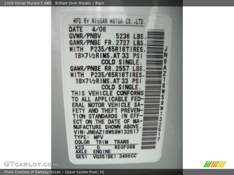Brilliant Silver Metallic / Black 2009 Nissan Murano S AWD