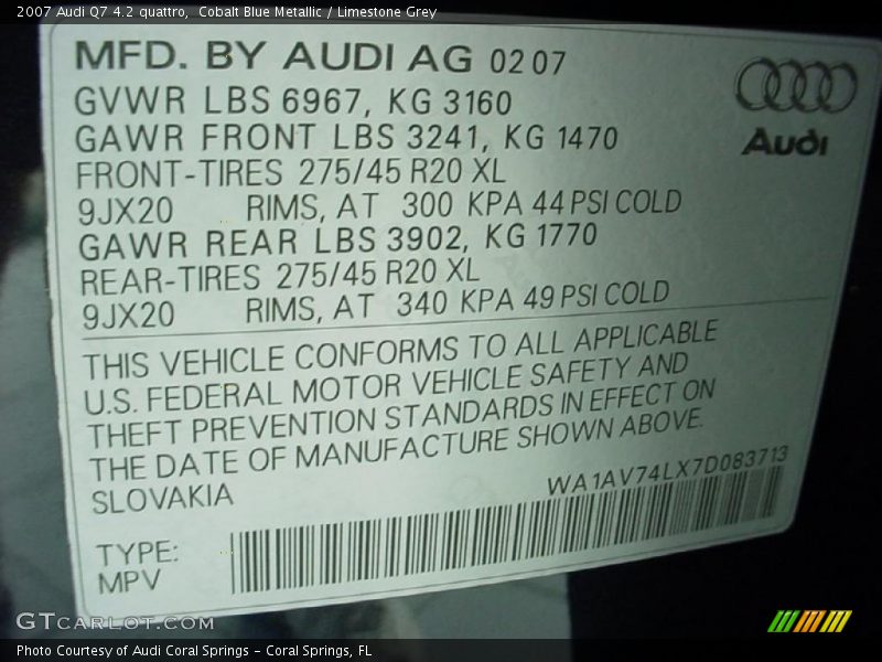 Cobalt Blue Metallic / Limestone Grey 2007 Audi Q7 4.2 quattro