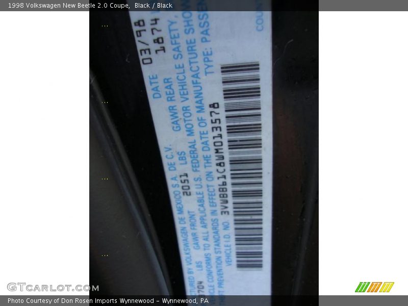 Black / Black 1998 Volkswagen New Beetle 2.0 Coupe