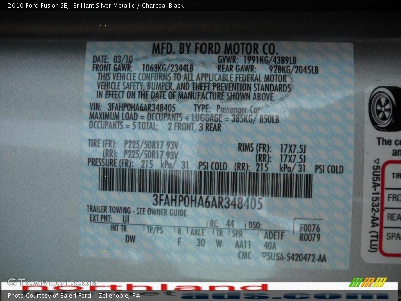 Brilliant Silver Metallic / Charcoal Black 2010 Ford Fusion SE