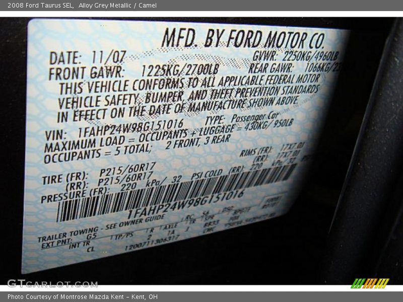 Alloy Grey Metallic / Camel 2008 Ford Taurus SEL