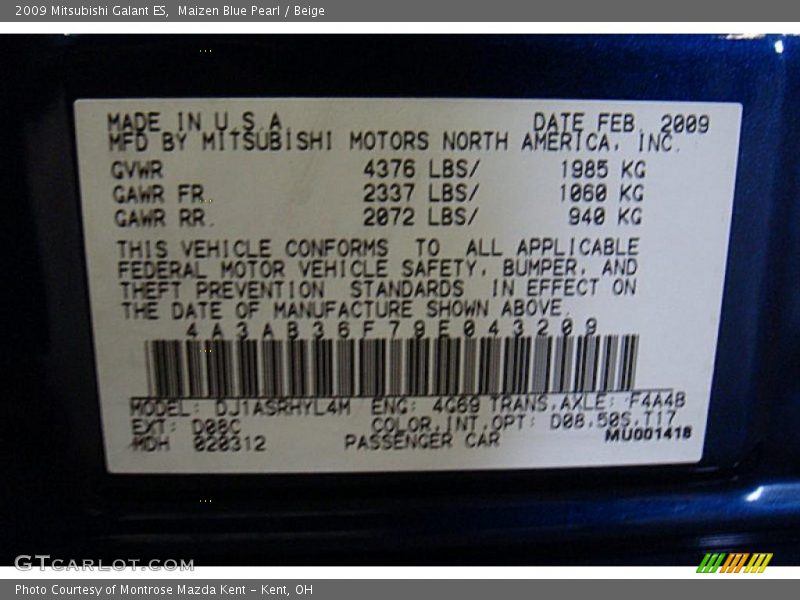 Maizen Blue Pearl / Beige 2009 Mitsubishi Galant ES