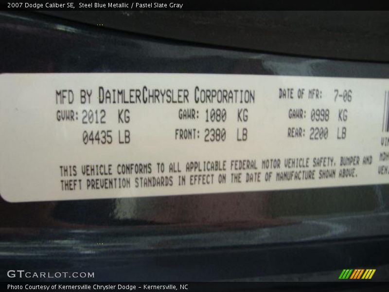 Steel Blue Metallic / Pastel Slate Gray 2007 Dodge Caliber SE