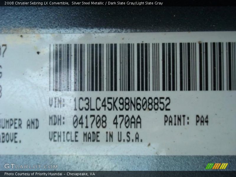 Silver Steel Metallic / Dark Slate Gray/Light Slate Gray 2008 Chrysler Sebring LX Convertible