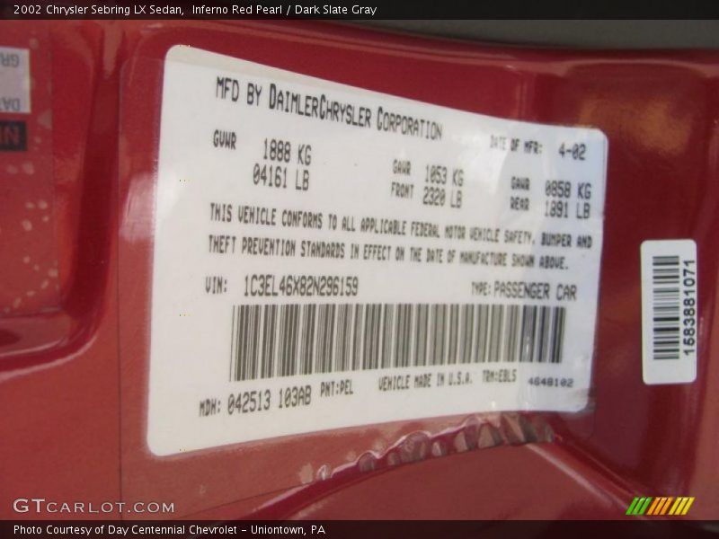 Inferno Red Pearl / Dark Slate Gray 2002 Chrysler Sebring LX Sedan