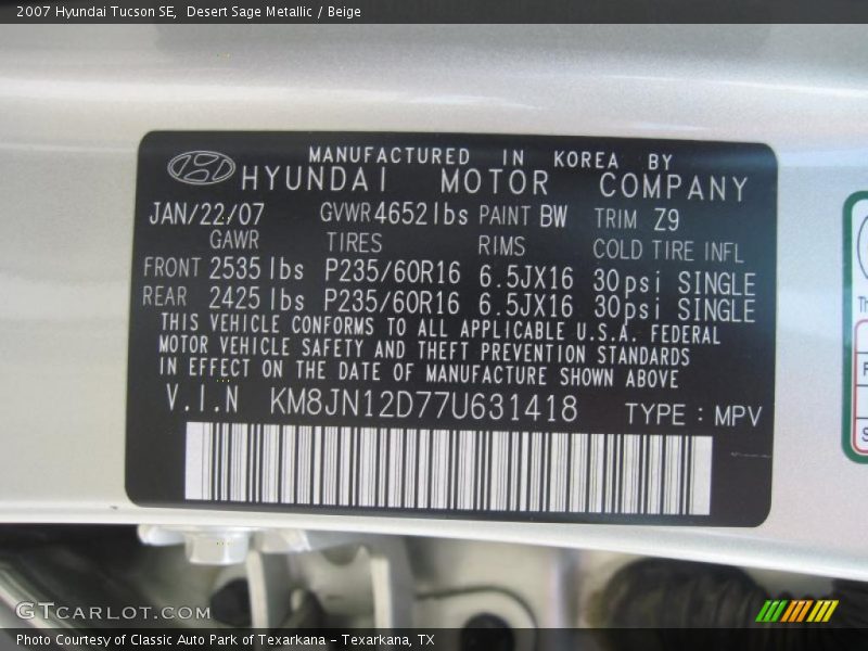 Desert Sage Metallic / Beige 2007 Hyundai Tucson SE