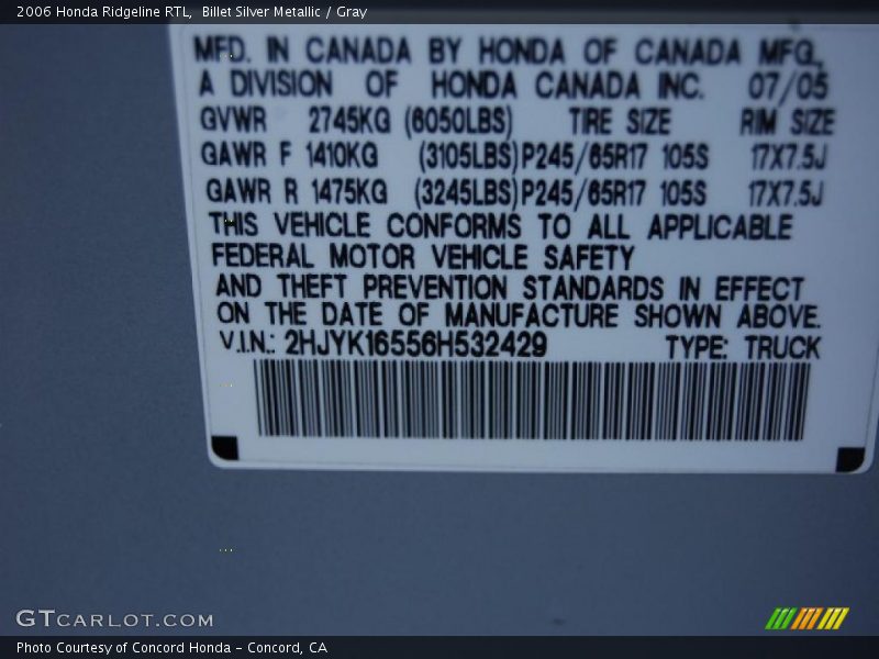 Billet Silver Metallic / Gray 2006 Honda Ridgeline RTL