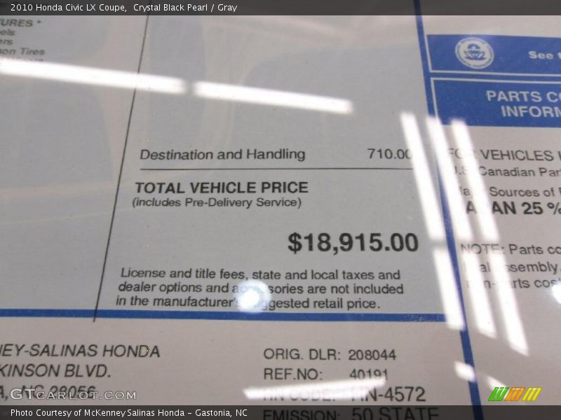 Crystal Black Pearl / Gray 2010 Honda Civic LX Coupe