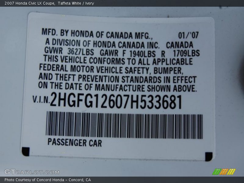 Taffeta White / Ivory 2007 Honda Civic LX Coupe