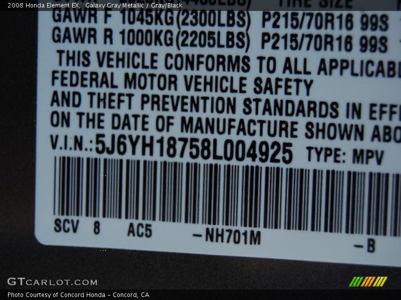 Galaxy Gray Metallic / Gray/Black 2008 Honda Element EX