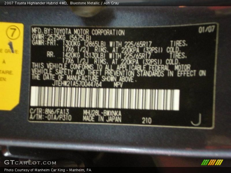 Bluestone Metallic / Ash Gray 2007 Toyota Highlander Hybrid 4WD