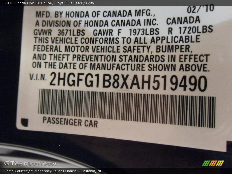 Royal Blue Pearl / Gray 2010 Honda Civic EX Coupe