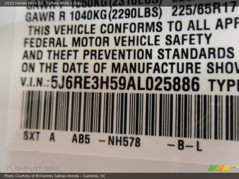 Taffeta White / Gray 2010 Honda CR-V EX