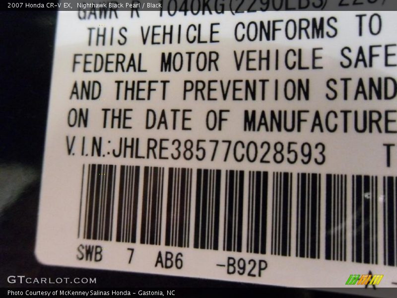 Nighthawk Black Pearl / Black 2007 Honda CR-V EX