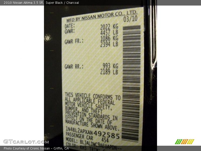 Super Black / Charcoal 2010 Nissan Altima 3.5 SR
