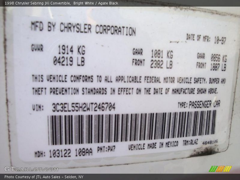 Bright White / Agate Black 1998 Chrysler Sebring JXi Convertible