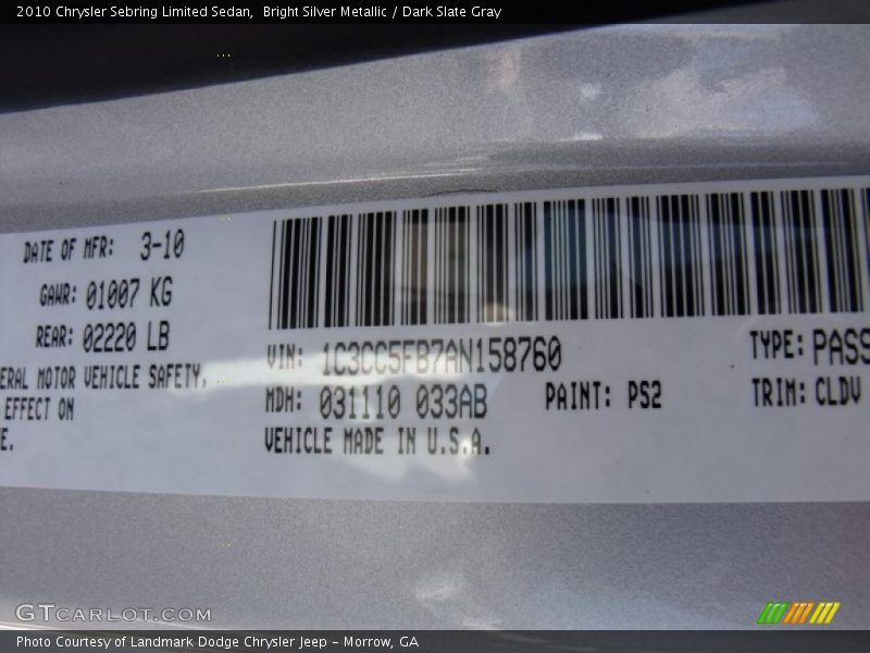 Bright Silver Metallic / Dark Slate Gray 2010 Chrysler Sebring Limited Sedan